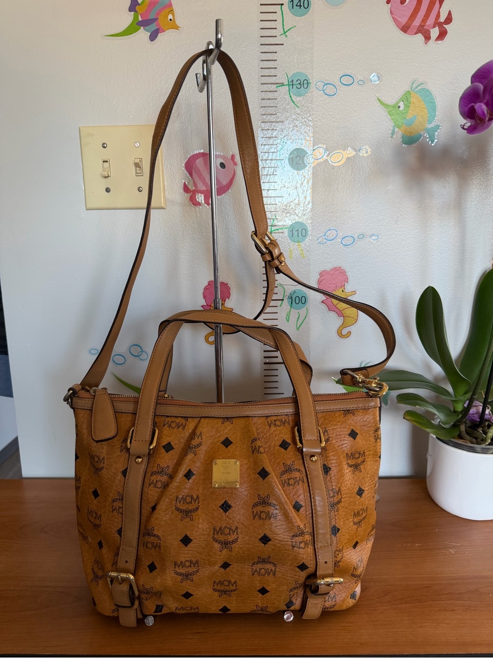 Authentic MCM Cognac Visetos Logo Tote with Adjustable